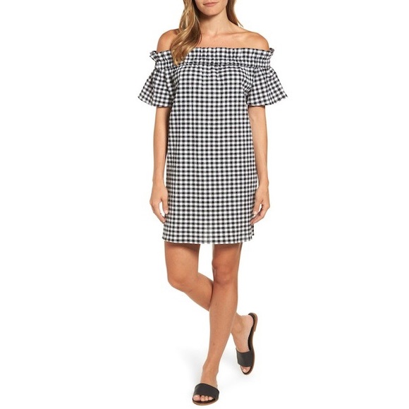 Pleione Dresses & Skirts - Pleione Gingham Off Shoulder Poplin Dress P086